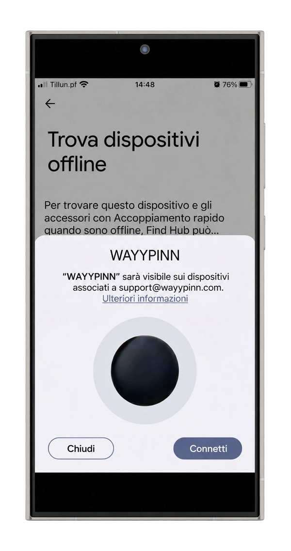 Configurazione di WAYYPINN in Google Find Hub, schermata in italiano